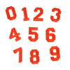 A set of customizable number patches in orange fabric showing digits zero through nine.