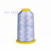 Spool of light blue high tenacity polyester embroidery thread with a yellow cap