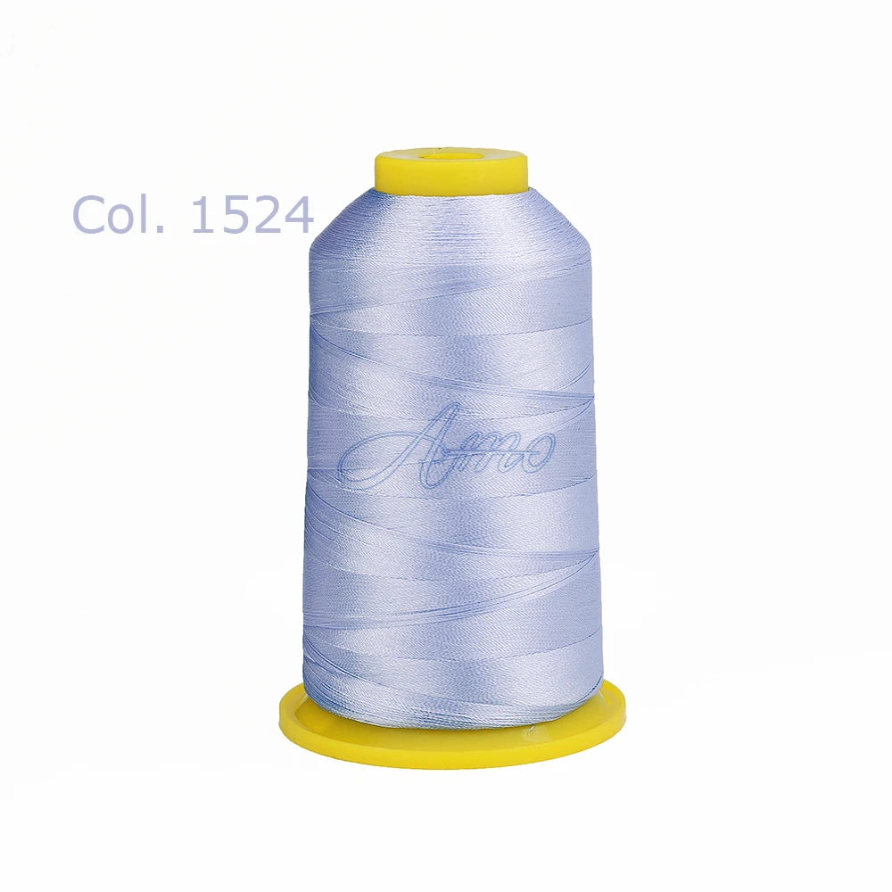 Spool of light blue high tenacity polyester embroidery thread with a yellow cap