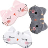 Three soft animal cartoon sleep masks featuring a pink tiger, a gray cat, and a white cat.