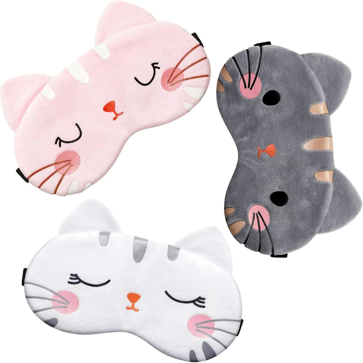 Three soft animal cartoon sleep masks featuring a pink tiger, a gray cat, and a white cat.