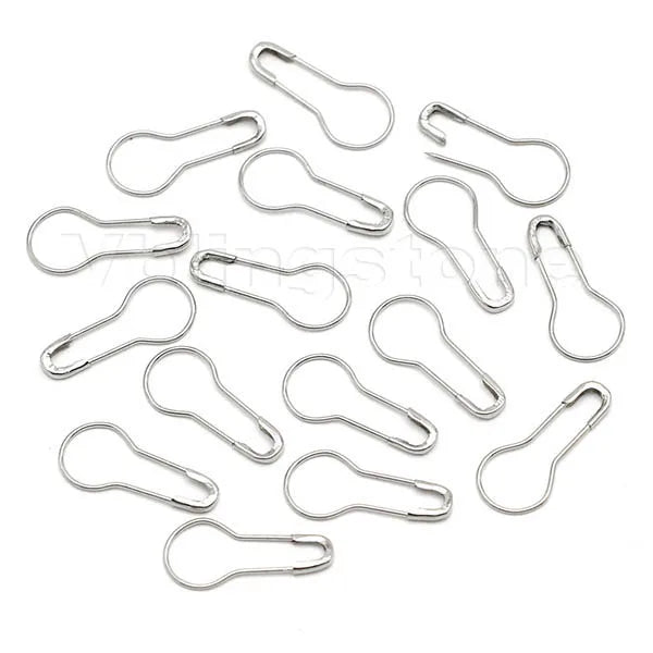 A pack of 100 gourd-shaped locking safety pins for knitting and sewing.