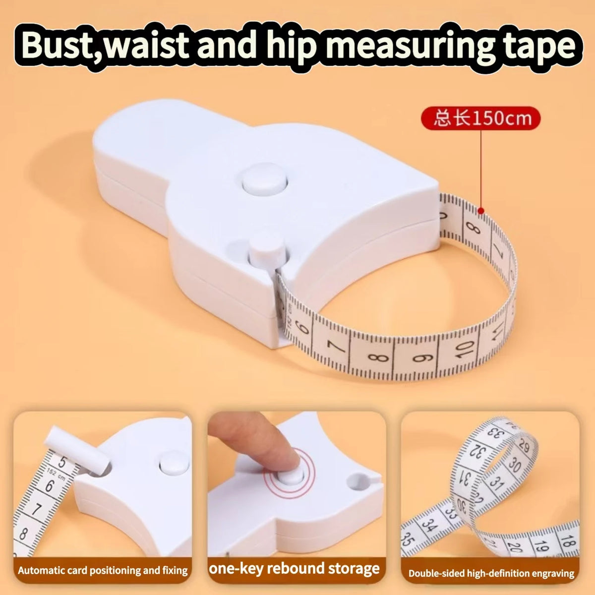 White measuring tape with a plastic holder and card positioning feature for bust, waist, and hip measurements