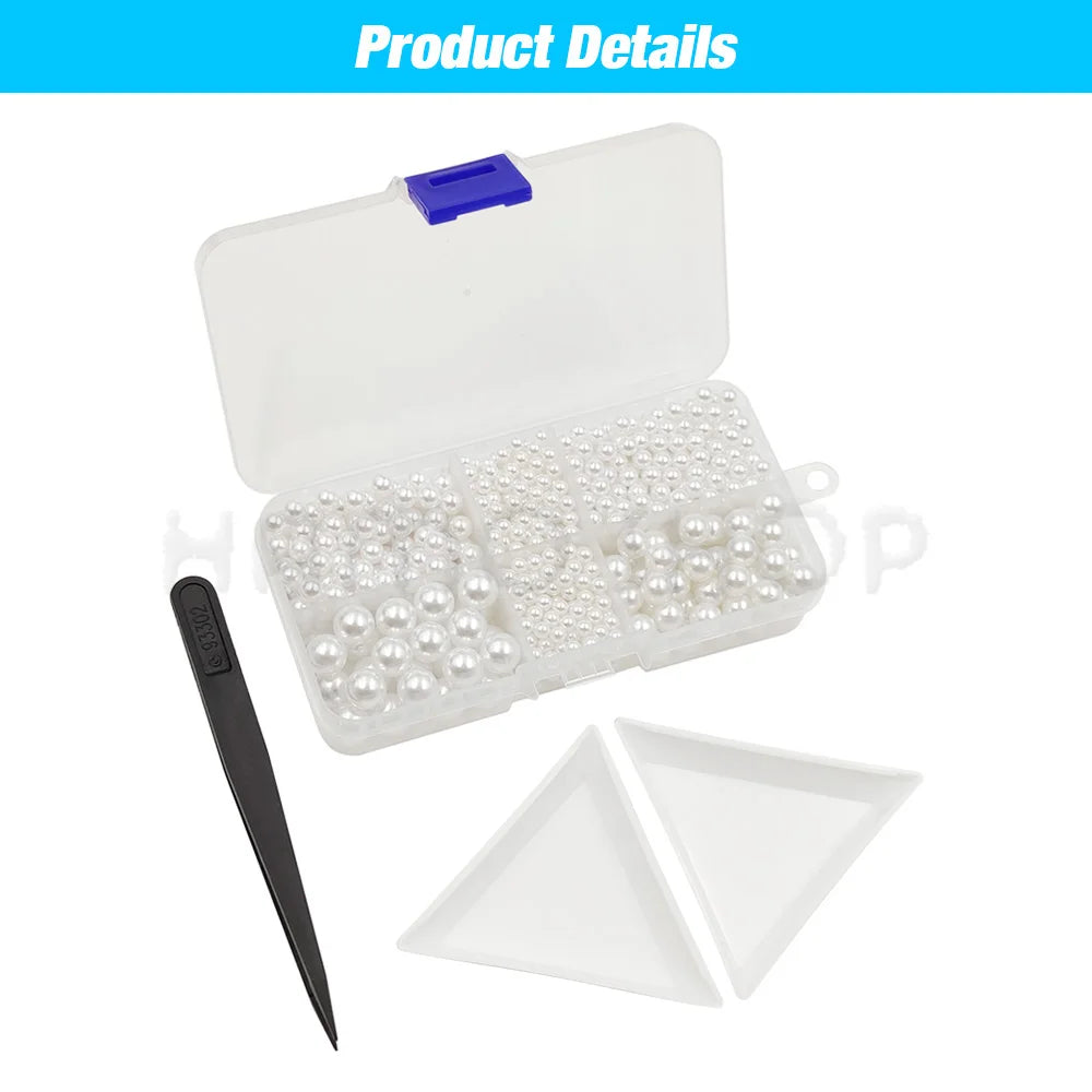A white pearl bead setting kit includes a handheld machine, rivets, and a plastic tray.
