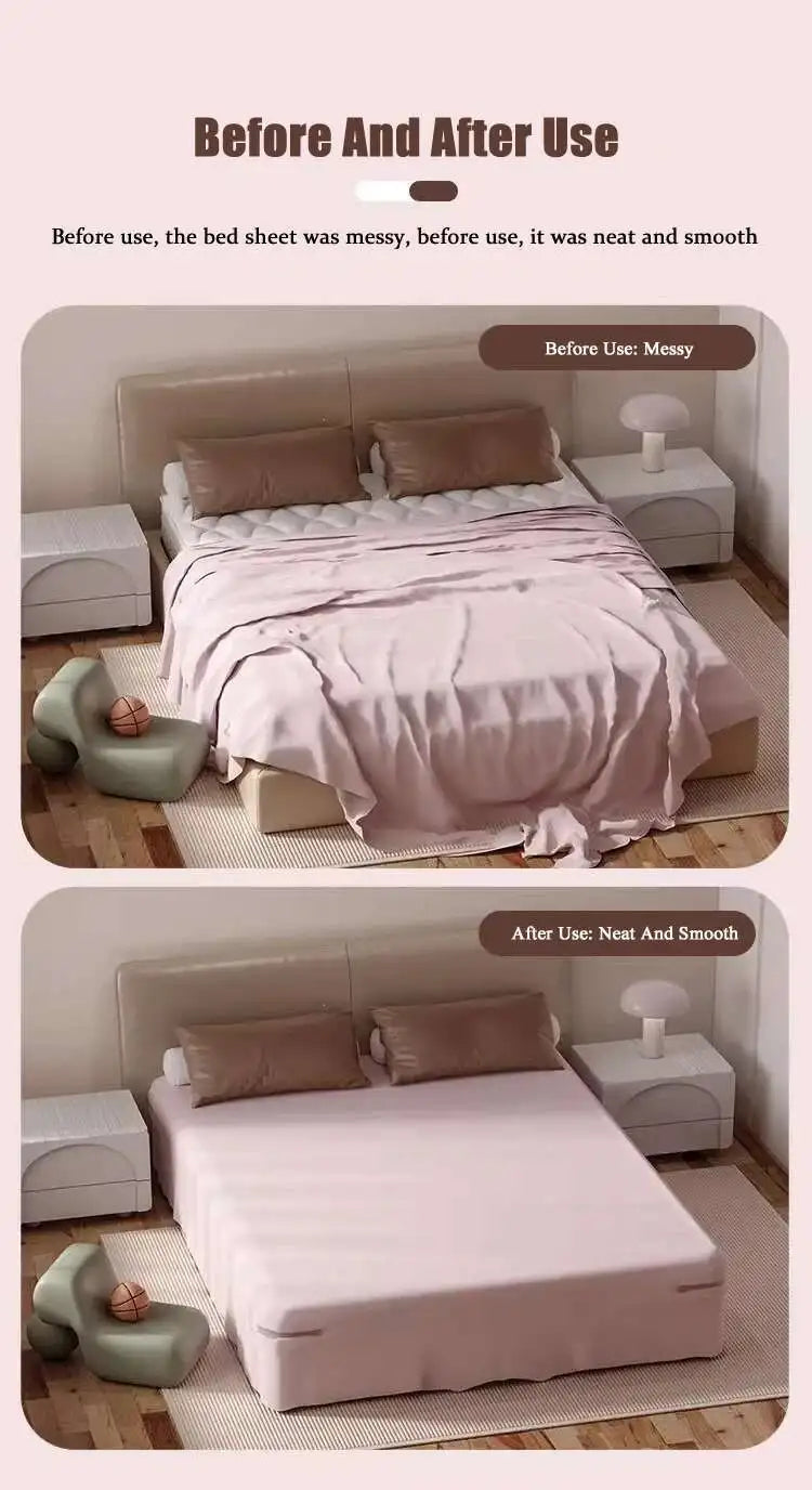 Before and after comparison showing a messy bed sheet transformed into a neat and smooth look using invisible clips.