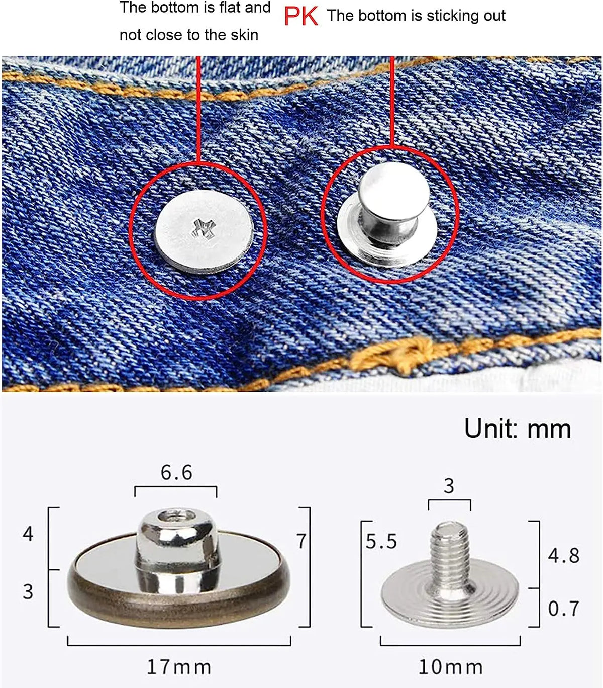 Replacement metal buttons for denim and clothing showing the bottom sticking out of the fabric.