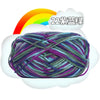A ball of purple and green yarn is shown inside a white cloud with a rainbow in the background.