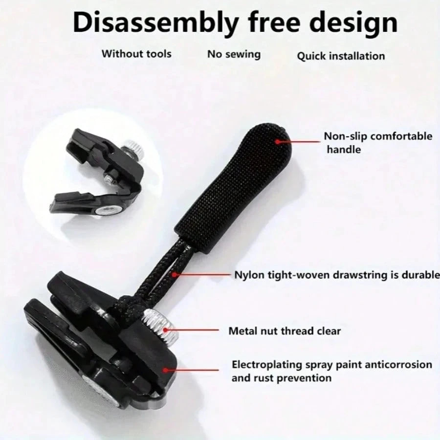 Black universal detachable zipper repair kit with a non-slip handle and metal nut thread clear.