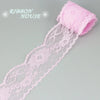 Pink decorative lace ribbon roll with a ruffled edge shown against a light gray background.