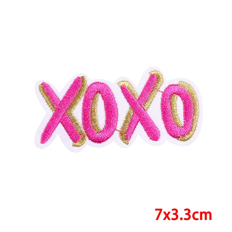 Pink letter XOXO embroidered iron-on patches for custom clothing DIY