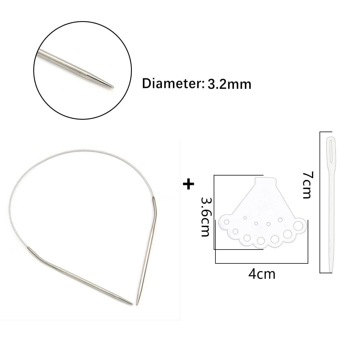 Stainless steel circular knitting needles set with a 3.2mm diameter and a 7cm length.