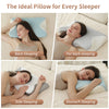 A collection of pillows demonstrating back sleeping, side sleeping, and stomach sleeping positions for neck pain relief.