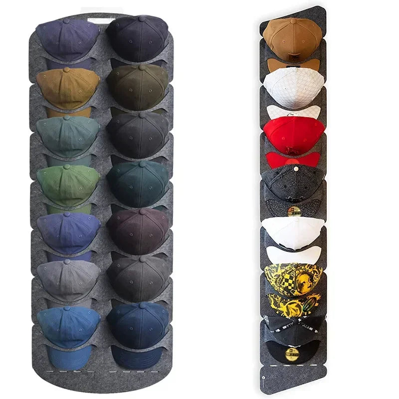 A felt hat storage rack showing various colored hats organized for display and storage.