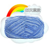 A ball of blue yarn is shown inside a white cloud, with a rainbow in the background.