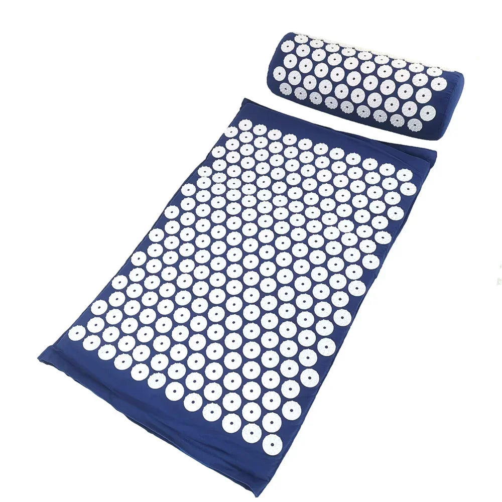 A dark blue acupressure relief mat and pillow set with white domes for pain and stress relief.