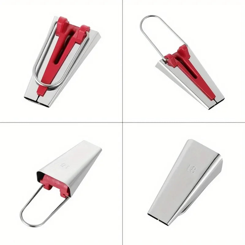 A set of red and silver bias tape makers with awl tools shown in various angles.