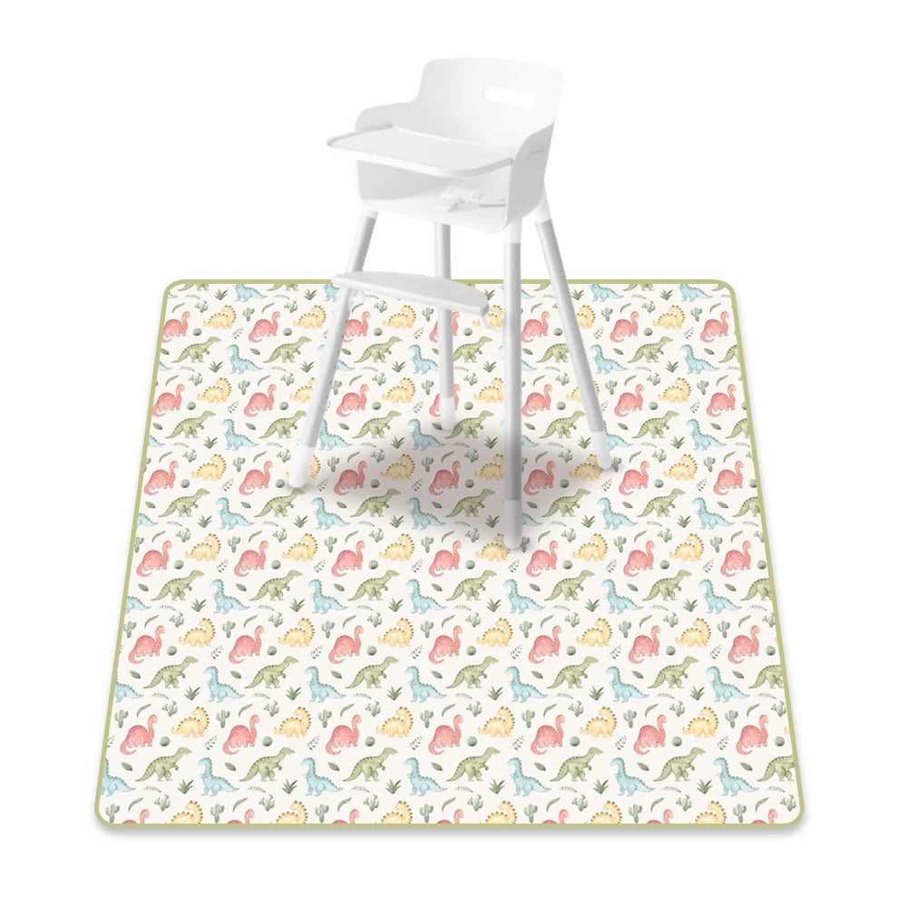 A white plastic baby play mat with a colorful dinosaur pattern and anti-slip backing.