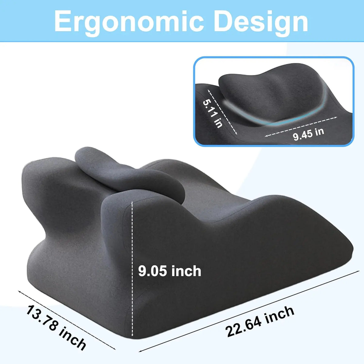 A dark gray memory foam wedge pillow showing its dimensions and ergonomic design features.