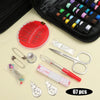 A comprehensive sewing kit showing various tools including needles, scissors, and measuring tools in a black pouch.