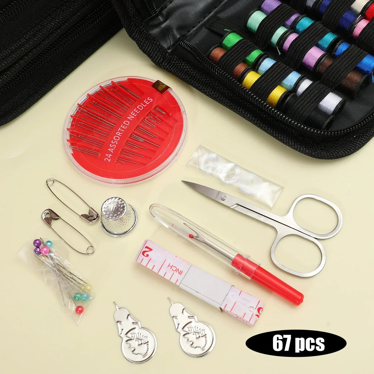 A comprehensive sewing kit showing various tools including needles, scissors, and measuring tools in a black pouch.