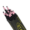 A set of pink and black fabric chalk markers with tips, packaged in a black holder.