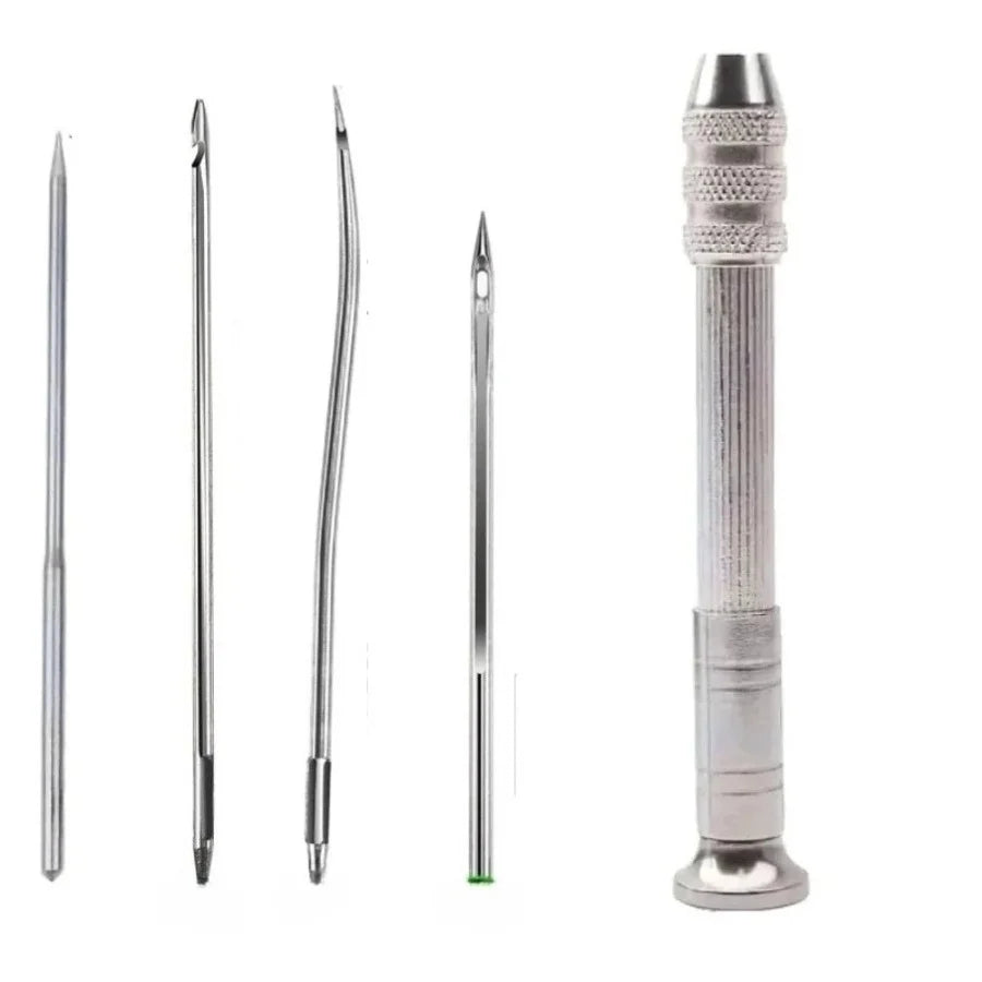 A complete leather craft sewing kit featuring waxed thread and needles.