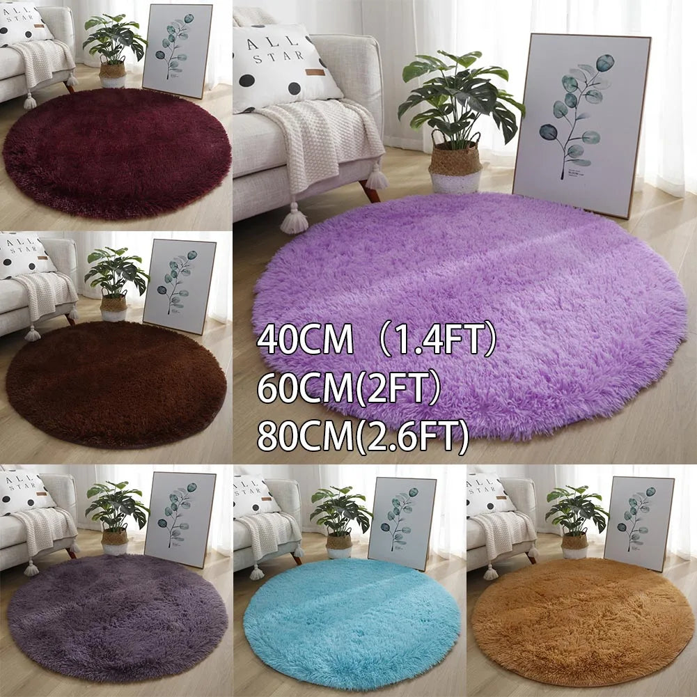 A collection of shaggy round area rugs in various colors including purple, brown, blue, and tan.