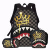 A black backpack featuring a gold crown and a fierce tiger tooth graphic print on a checkered pattern.