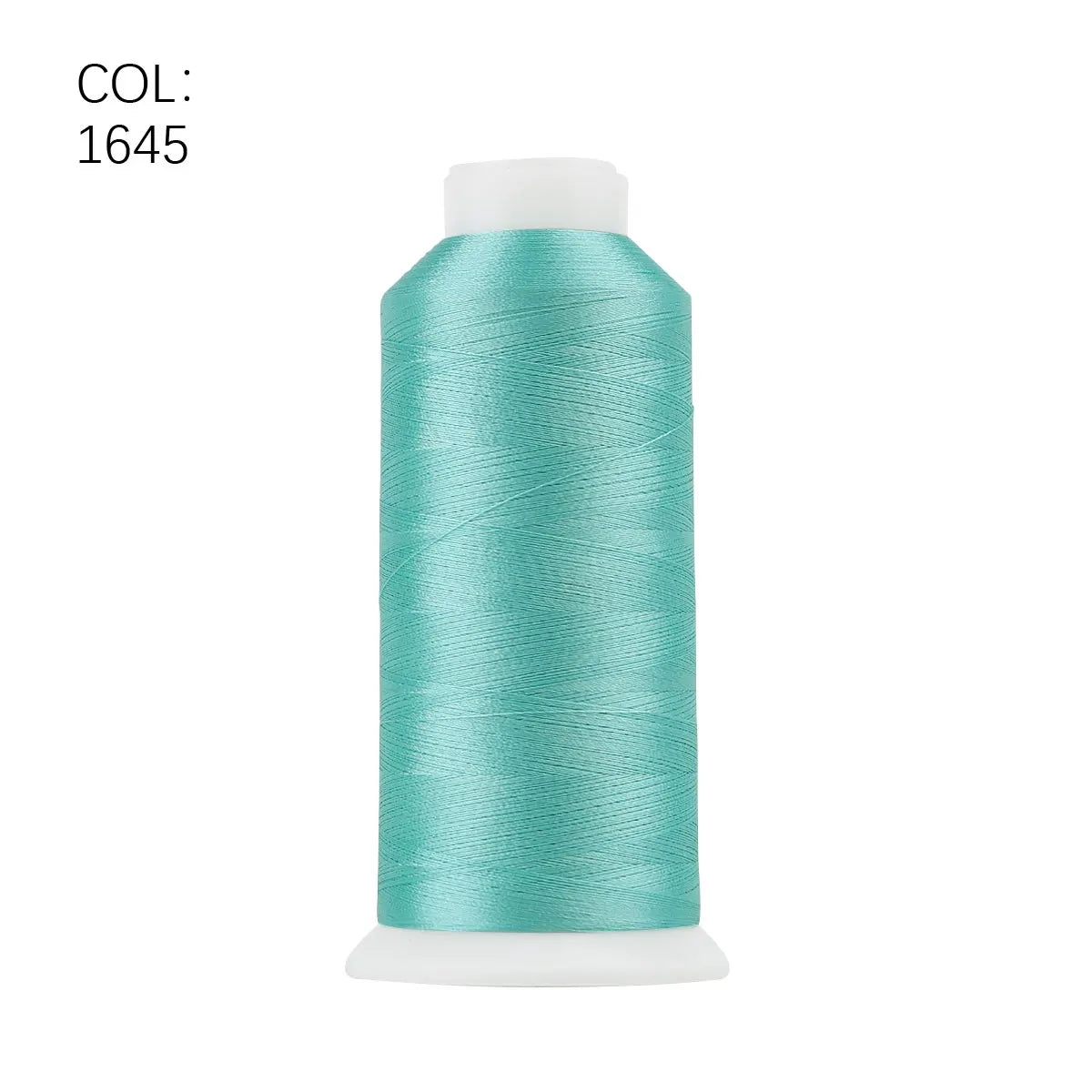 A roll of teal polyester embroidery thread with a white core and plastic cap.