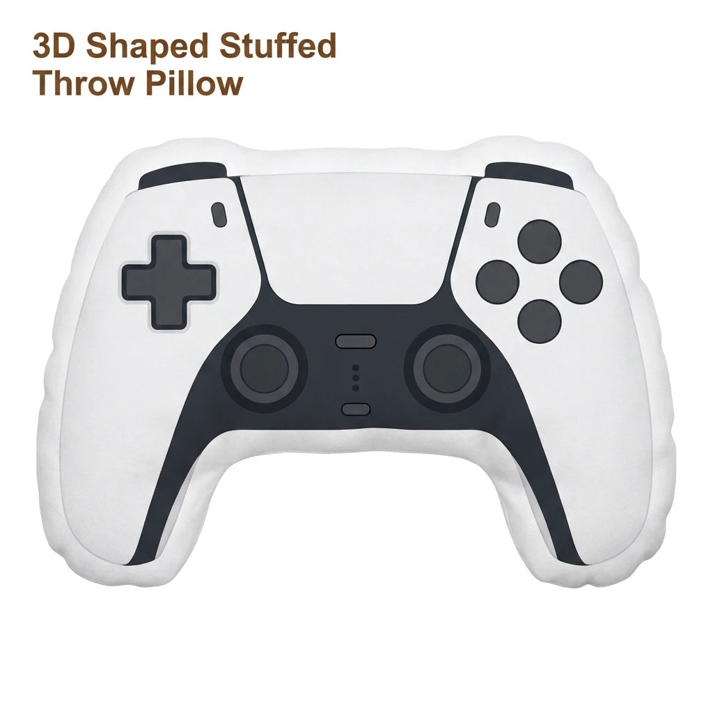 A white 3D shaped stuffed throw pillow designed to look like a video game controller.