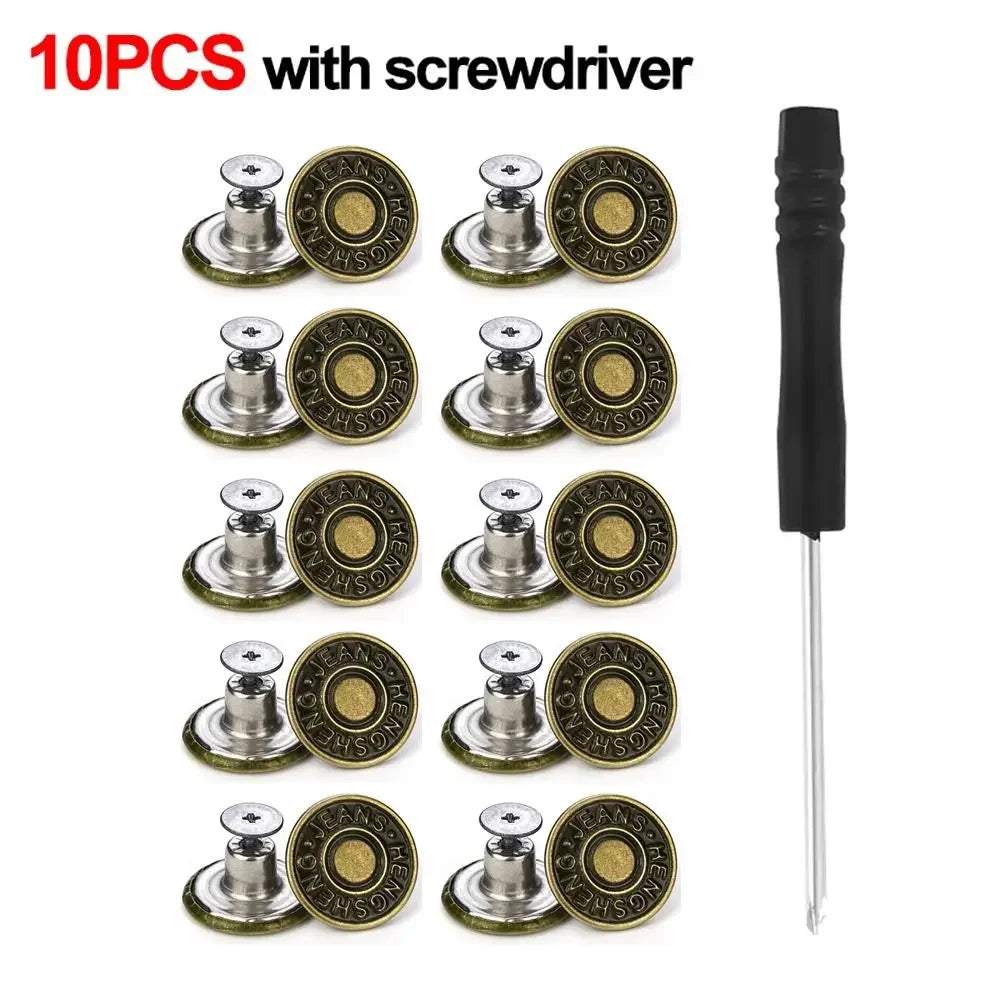 A set of 10 metal jeans button repair kits with screwdrivers shown in a packaged view.