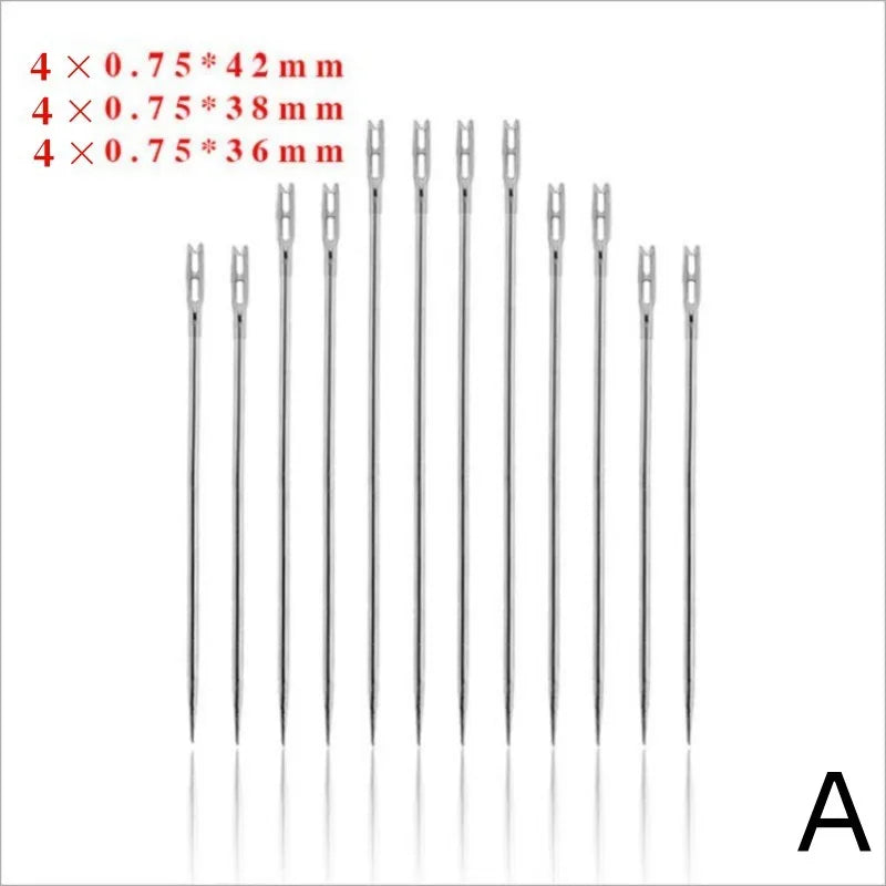 A set of stainless steel self-threading sewing needles in various sizes.