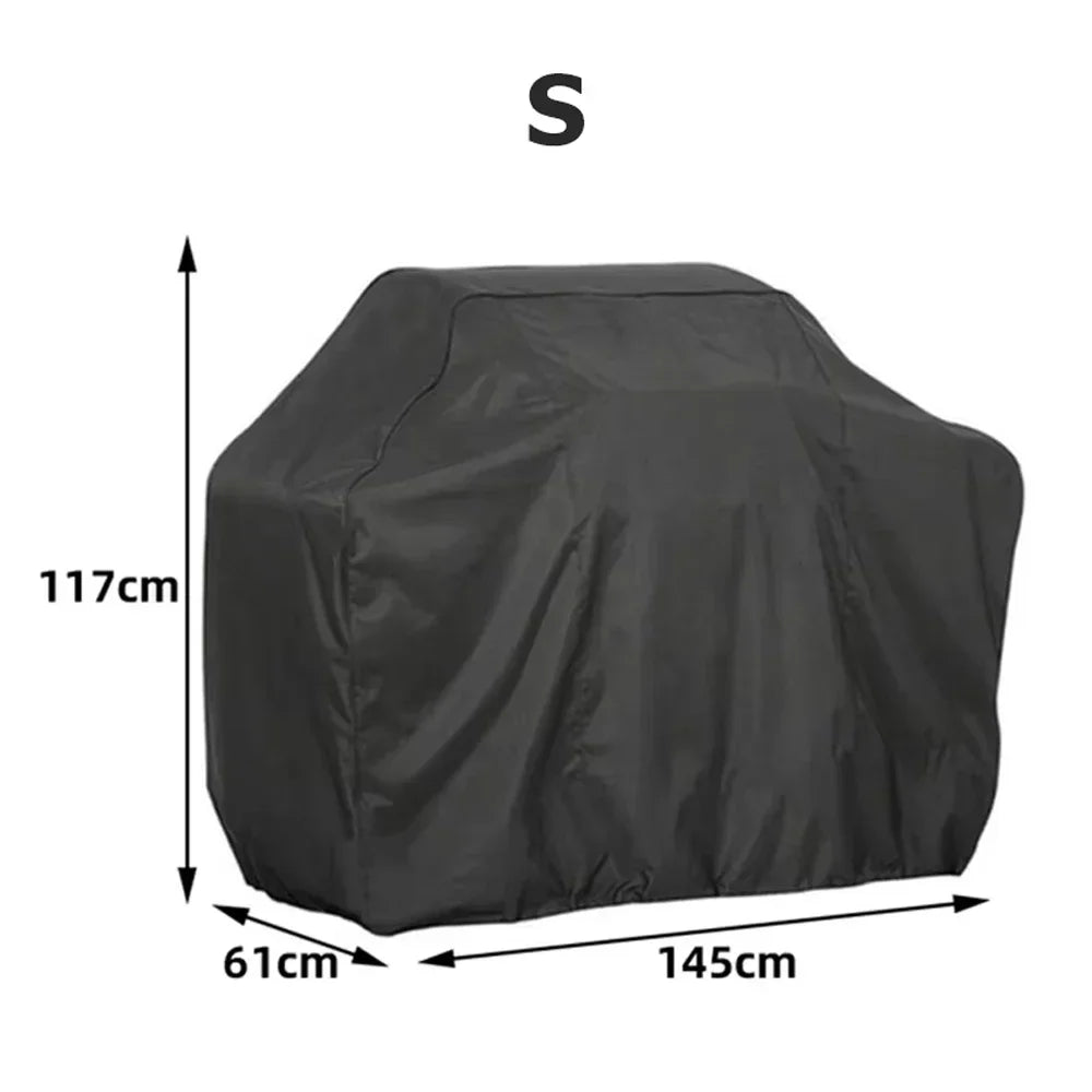 Black heavy duty waterproof BBQ grill cover with dimensions 117cm high by 145cm long