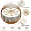 A white vintage floral tablecloth displayed on a round table, featuring scalloped edges and waterproof features.