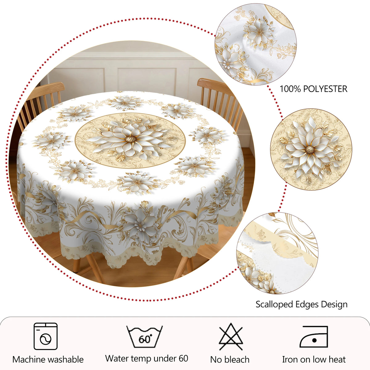 A white vintage floral tablecloth displayed on a round table, featuring scalloped edges and waterproof features.