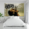 A tapestry featuring a black and white graphic of a roaring lion with the text SUITE SILENCE on a textured background.