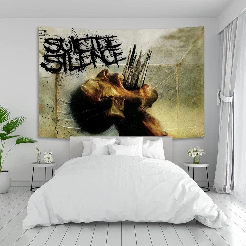 A tapestry featuring a black and white graphic of a roaring lion with the text SUITE SILENCE on a textured background.