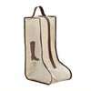 A beige boot storage bag with a clear window and brown carry handle.