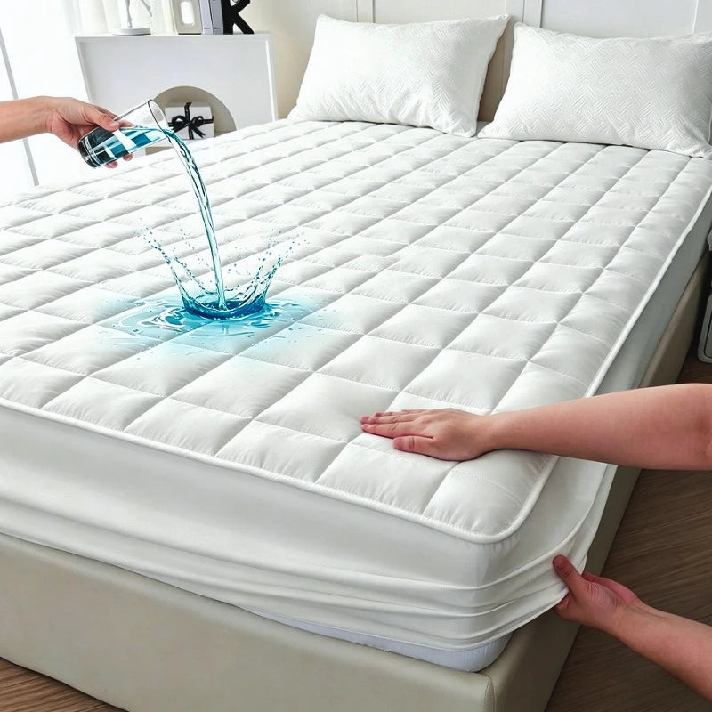 A hand is pouring water onto a white quilted mattress protector, demonstrating its waterproof feature.