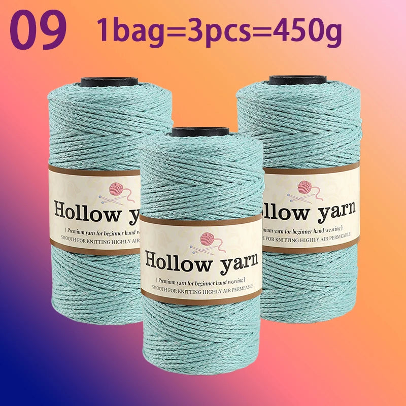 Three spools of Hollow yarn, each containing 3 pieces totaling 450g for knitting and crochet.