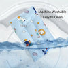 Light blue reusable fabric pillow featuring cute cartoon animals and text like Nice Home and Cake