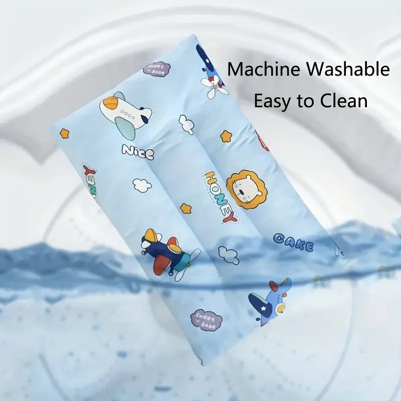 Light blue reusable fabric pillow featuring cute cartoon animals and text like Nice Home and Cake