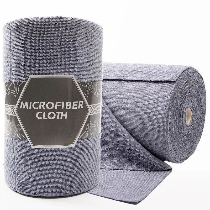 Roll of gray microfiber cloth cleaning wipes with a hexagonal label