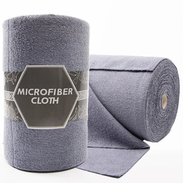Roll of gray microfiber cloth cleaning wipes with a hexagonal label