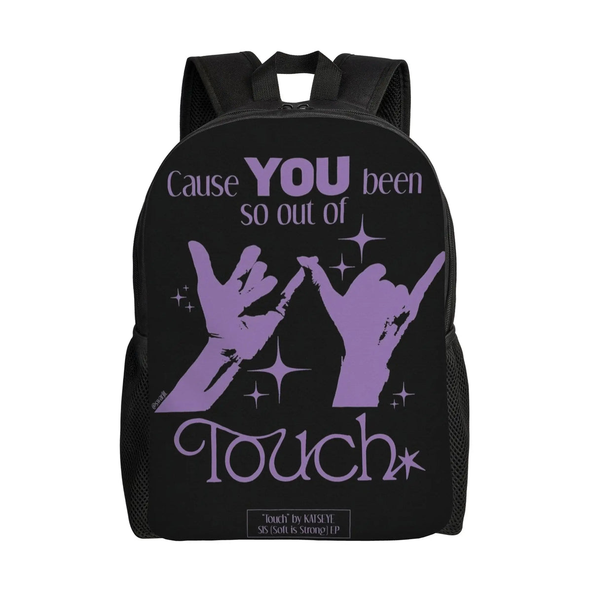 A black canvas backpack featuring purple handprints and the text Cause You Been So Out Of Touch
