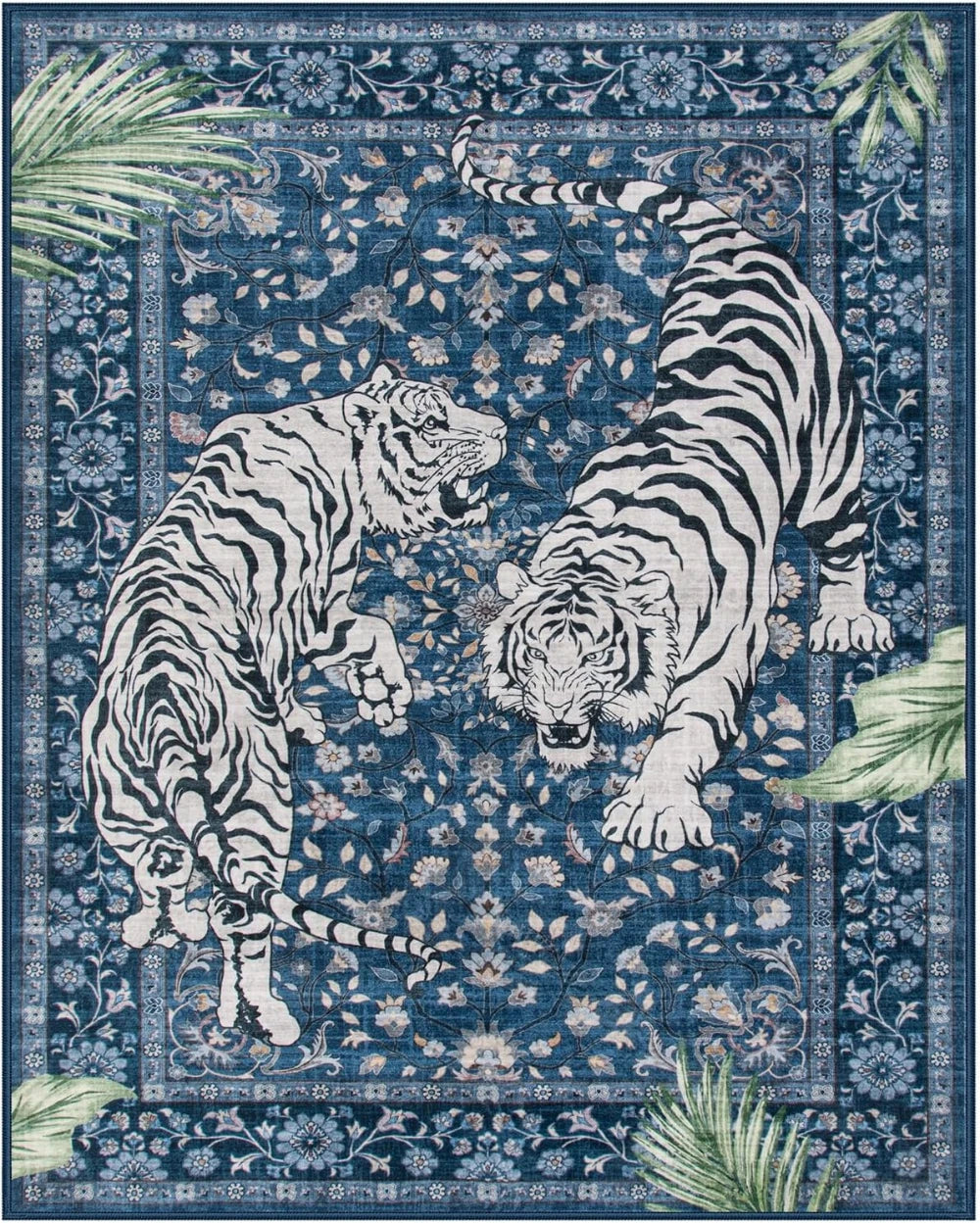 A blue rug featuring a detailed pattern of two tigers, one striped and one with a mane.