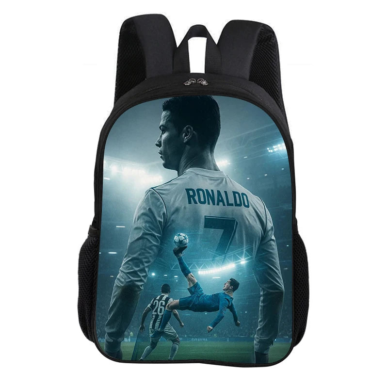 A black sports backpack featuring a graphic of Ronaldo in a football kit.