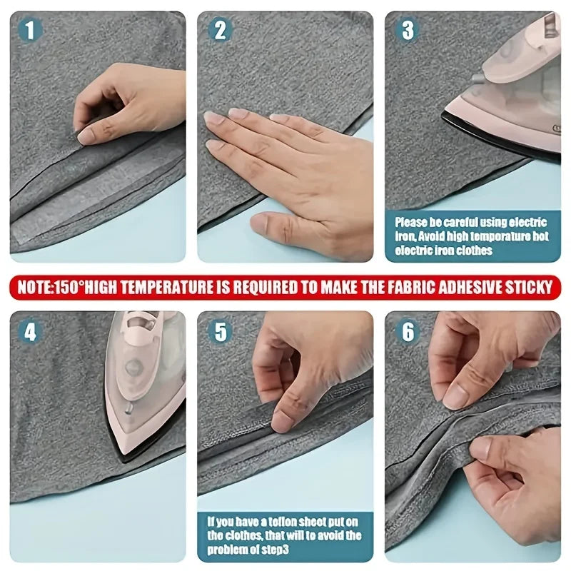 Six steps demonstrating how to use a heavy duty double-sided iron-on hem tape for fabric.