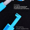 A blue and white 2-in-1 automatic needle threader and inserter tool used for threading and inserting needles.