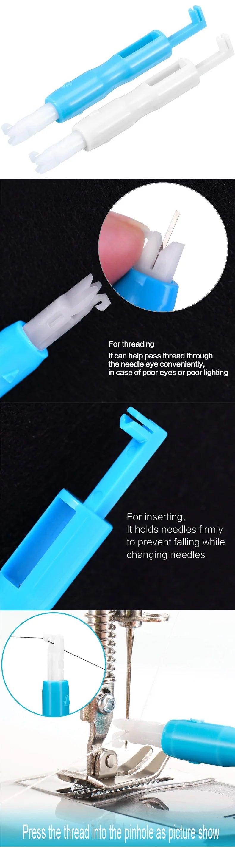 A blue and white 2-in-1 automatic needle threader and inserter tool used for threading and inserting needles.